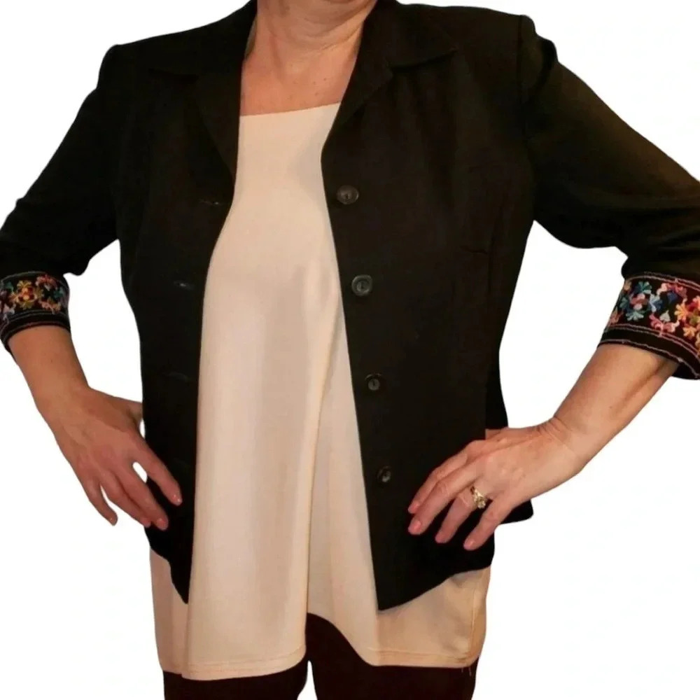 Lois‎ Snyder Dani Max Blazer 12 Black Embroidered Floral Cuff 3/4 Sleeve Vintage
